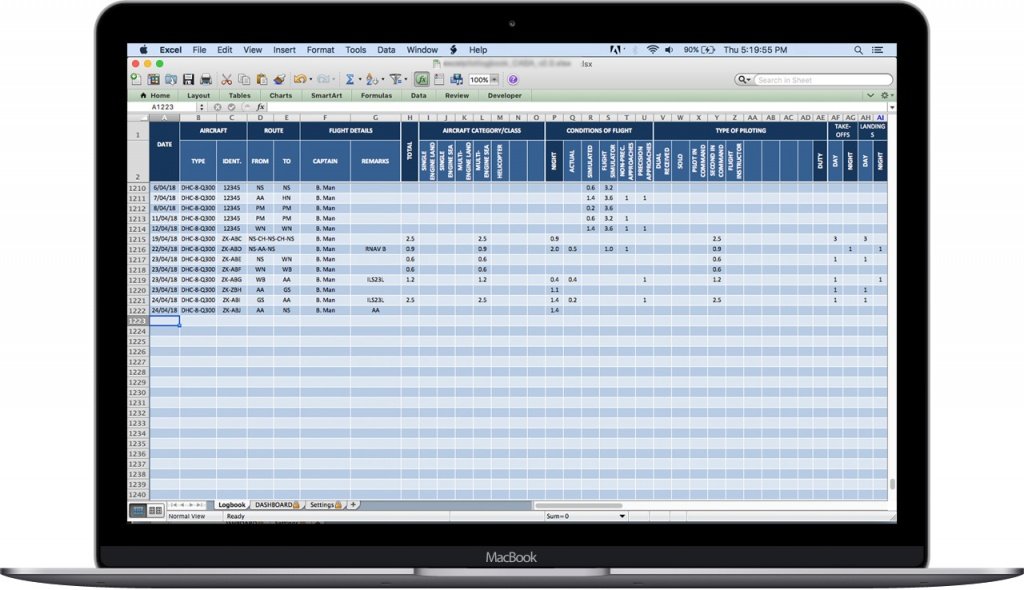 pilot electronic logbook excel spreadsheet